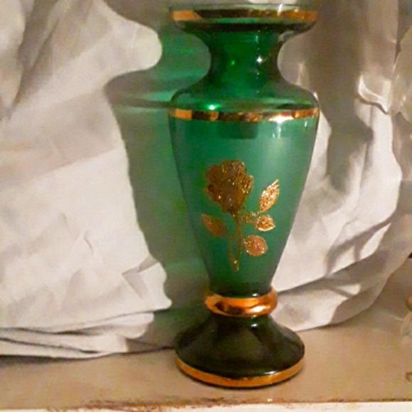 Accents | Vintage Bohemian Glass Emerald Green Painted Gold Roses ...